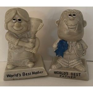 Vtg Russ Wallace Berries Set World's Best Father and Best Mother Figurines 1970